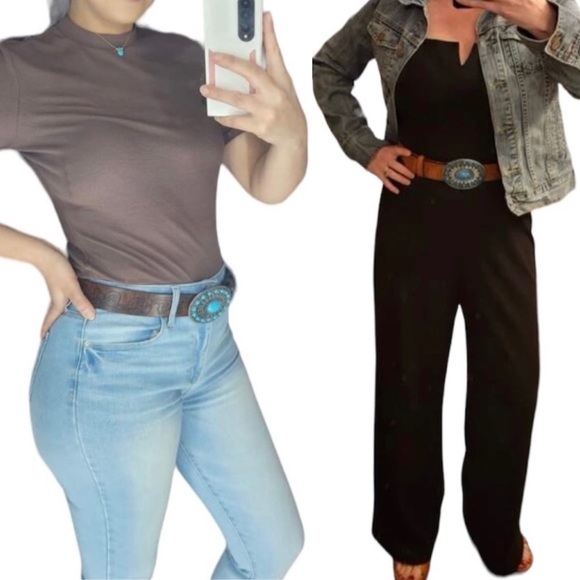 Turquoise Stone Embossed Brown Leather Western Belt With Silver Metal BuckleNew - Picture 11 of 15